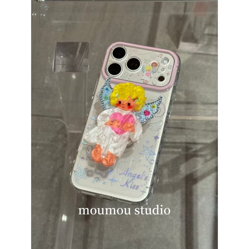 Momomostudios Cute Ins-Style Yellow-Haired Winged Cupid Angel Stand Case Suitable for iPhone 17 Pro Max New Model 16 Pro Apple Phone Case 15 Pro Double-Layer 17 Full-Cover Shockproof Case