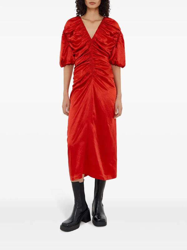 Spanish Light Luxury Bim*A Yuan Women's Acetate Satin V-Neck Ruched Elegant Long Dress