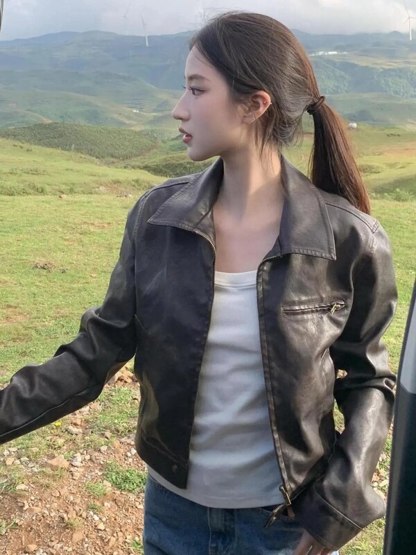 Cream Kittem Old Color Time Vintage Washed Distressed Leather Jacket Women's Autumn Short Leather Jacket Coat