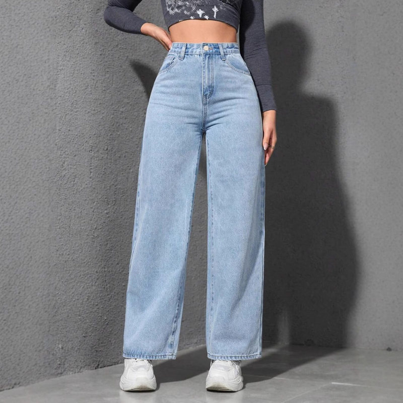 Cross-Border Trade High-End Button Jeans for Women, High-Waisted, Loose, Versatile, Straight-Leg, Wide-Leg Jeans, Trendy