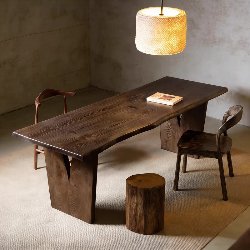 Wabi-Sabi Style Solid Wood Dining Table, Elm Wood Vintage-Style Desk, Home-Use Natural Wood Tea Table, Retro Distressed Long Table, Workbench