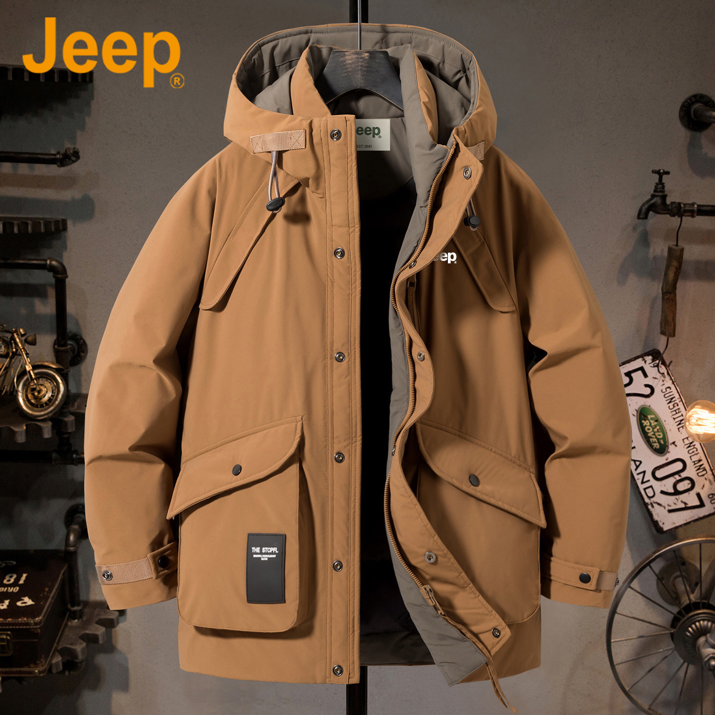 JEEP зимний пуховик с капюшоном на белом утином пуху Jeep мужская ветрозащитная и теплая толстая куртка American Parker tooling Изображение 1