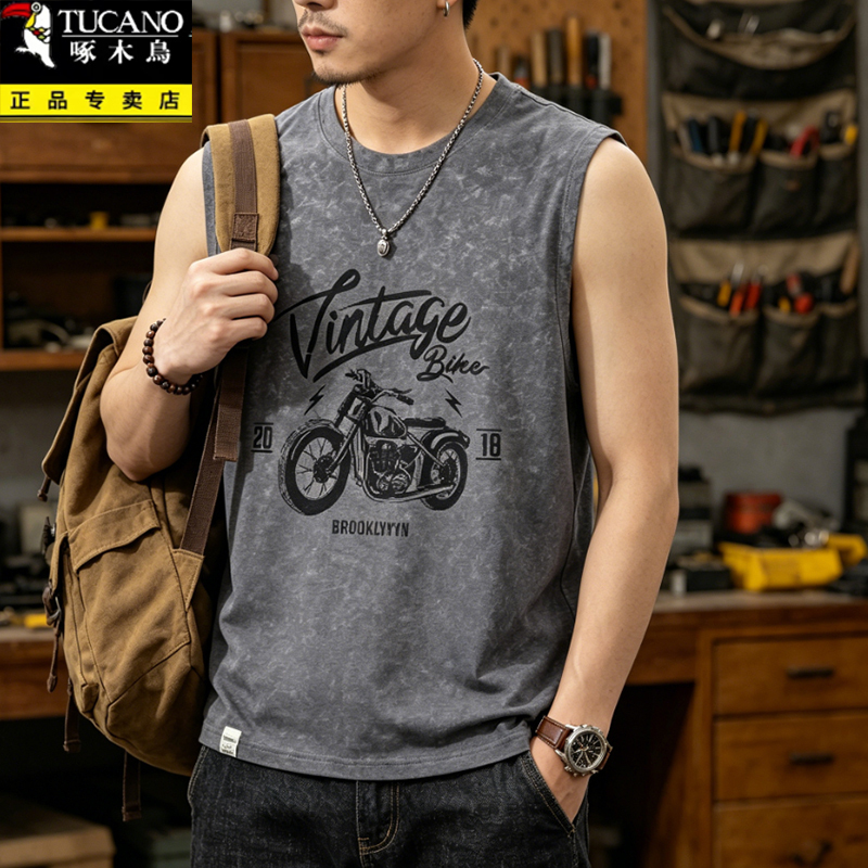 Woodpecker 100% Cotton American Retro Vest for Men, Summer Round Neck Sleeveless Loose Breathable Fashionable Vest Woodpecker 100% Cotton American Retro Vest for Men, Summer Round Neck Sleeveless Loose Breathable Fashionable Vest