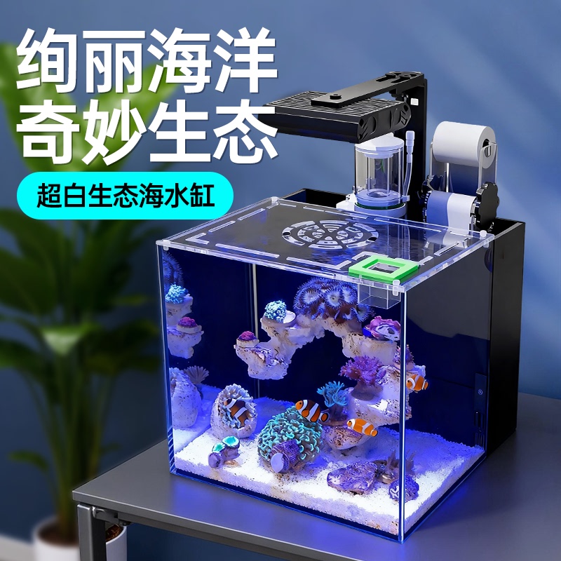 Ultra-Clear Glass Saltwater Aquarium, Small Desktop Back-Filtered Square Tank, Living Room Landscaping Fish Tank, Clownfish and Coral Complete Set Marine Tank Ultra-Clear Glass Saltwater Aquarium, Small Desktop Back-Filtered Square Tank, Living Room Landscaping Fish Tank, Clownfish and Coral Complete Set Marine Tank