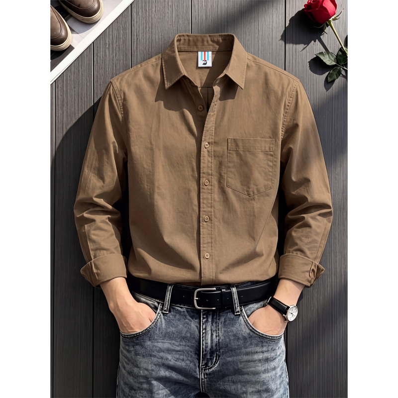 Dark Brown Lapel Washed Long-Sleeve Shirt for Men, Autumn Melard Loose Casual Shirt, Layered Light Mature Style Jacket Dark Brown Lapel Washed Long-Sleeve Shirt for Men, Autumn Melard Loose Casual Shirt, Layered Light Mature Style Jacket
