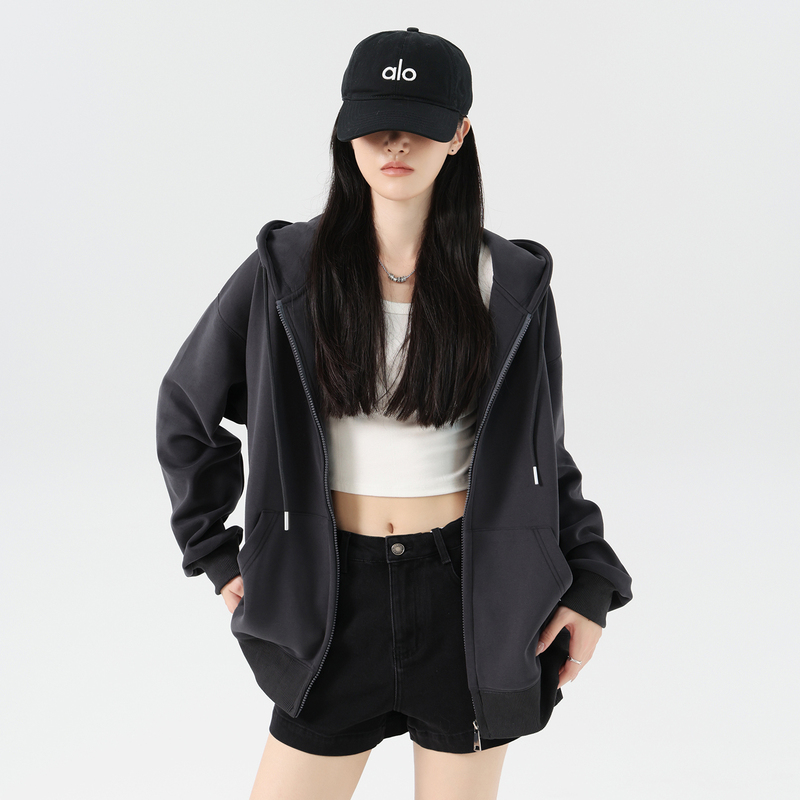 Hooded Sweatshirt for Women, Spring and Autumn 2026 New Style, Loose and Lazy Popular Jacket, Early Autumn Dark Gray Relaxed Cardigan