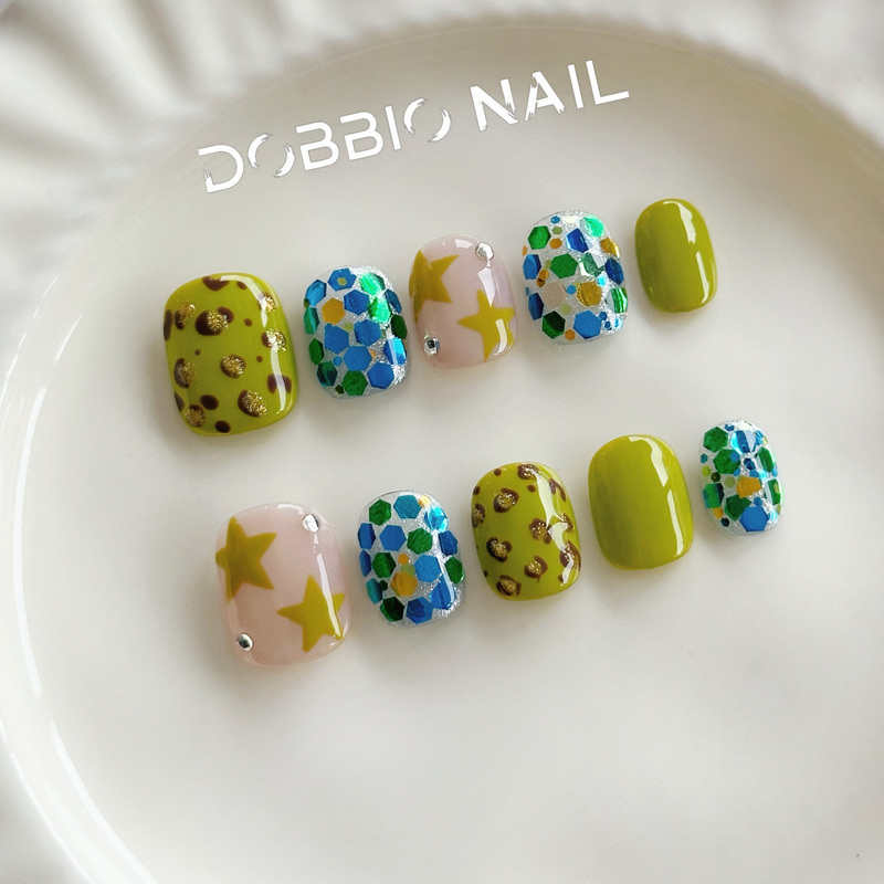 Dobbio【Goodbye Romeo】Mustard Green Leopard Print Contrast Color Personalized High-End Handmade Wearable Nail Art Nail Tips