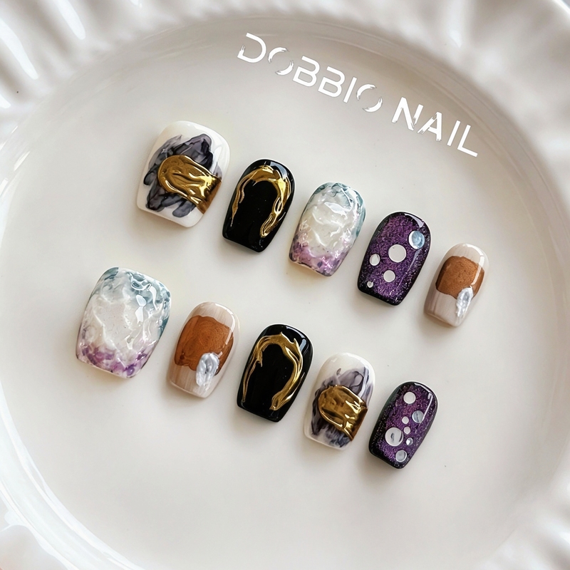 Dobbio【Black Water Lily】Elegant Artistic Niche Water Ripple Gradient Handmade Wearable Nails High-End Nail Art Nail Tips