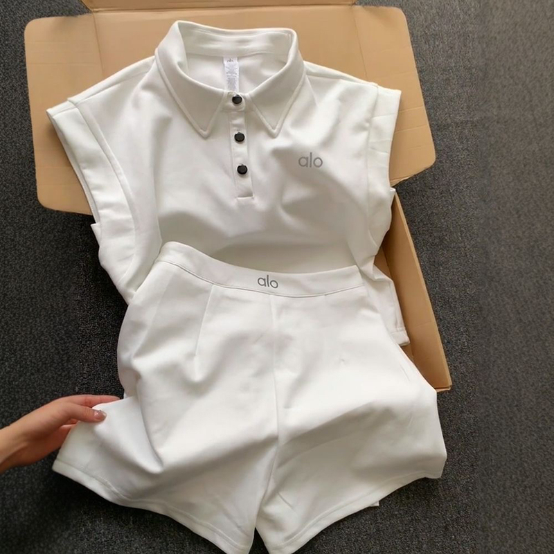 Alo Short-Sleeved Two-Piece Suit for Women 2025 Summer New Style Polo Collar T-Shirt High-Waisted Shorts Sleeveless Vest Yoga Wear