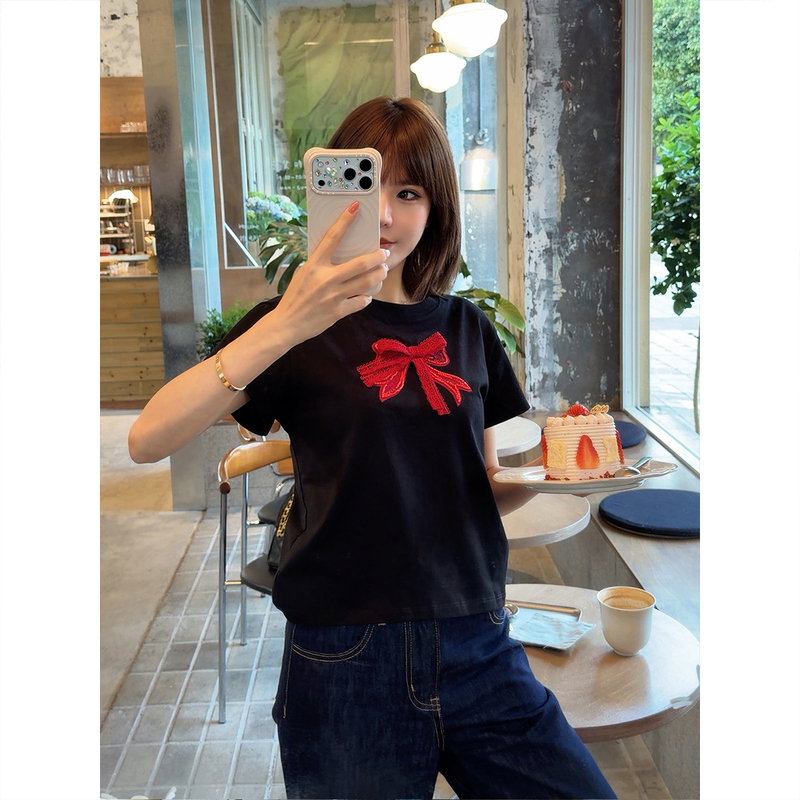 Asbr【Sweet Nature】Three-Dimensional Lace Beaded Bow Tie Miu Style Age-Reducing Slimming T-Shirt 26 Spring/Summer New Style