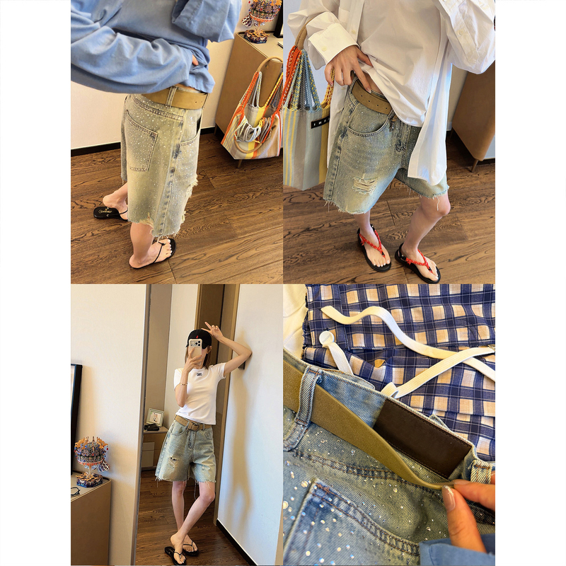 Asbr Original C "Gypsophila" Retro Washed Rhinestone Distressed Denim Shorts 26 Summer New Style~ with Belt Asbr Original C "Gypsophila" Retro Washed Rhinestone Distressed Denim Shorts 26 Summer New Style~ with Belt