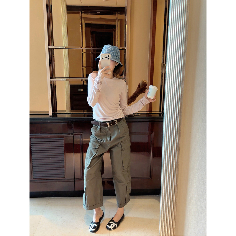 Asbr【Wilderness Workwear】Pure Cotton Washed Multi-Pocket Wide-Leg Workwear Cropped Pants Versatile Casual Pants with Belt