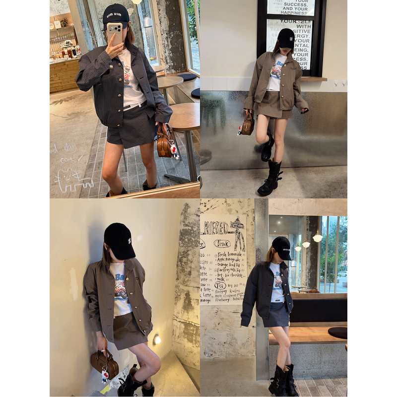 Asbr【British Style】Miu Series Drop-Shoulder Stand-Collar Plaid Jacket + Color-Blocked Waistband A-Line Culottes Set for Women Asbr【British Style】Miu Series Drop-Shoulder Stand-Collar Plaid Jacket + Color-Blocked Waistband A-Line Culottes Set for Women