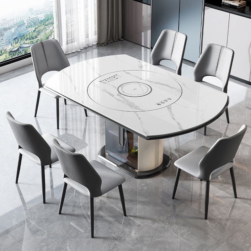 Electric Turntable Induction Cooker Slate Dining Table with Warming Plate, Multifunctional Retractable and Transformable Round Table, Intelligent Voice Control Electric Turntable Induction Cooker Slate Dining Table with Warming Plate, Multifunctional Retractable and Transformable Round Table, Intelligent Voice Control