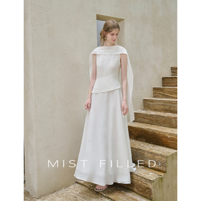 Mist Filled French-Style Tencel Elegant Ruffled Sleeveless Large Hem Waist-Cinching Tank Dress Mist Filled French-Style Tencel Elegant Ruffled Sleeveless Large Hem Waist-Cinching Tank Dress