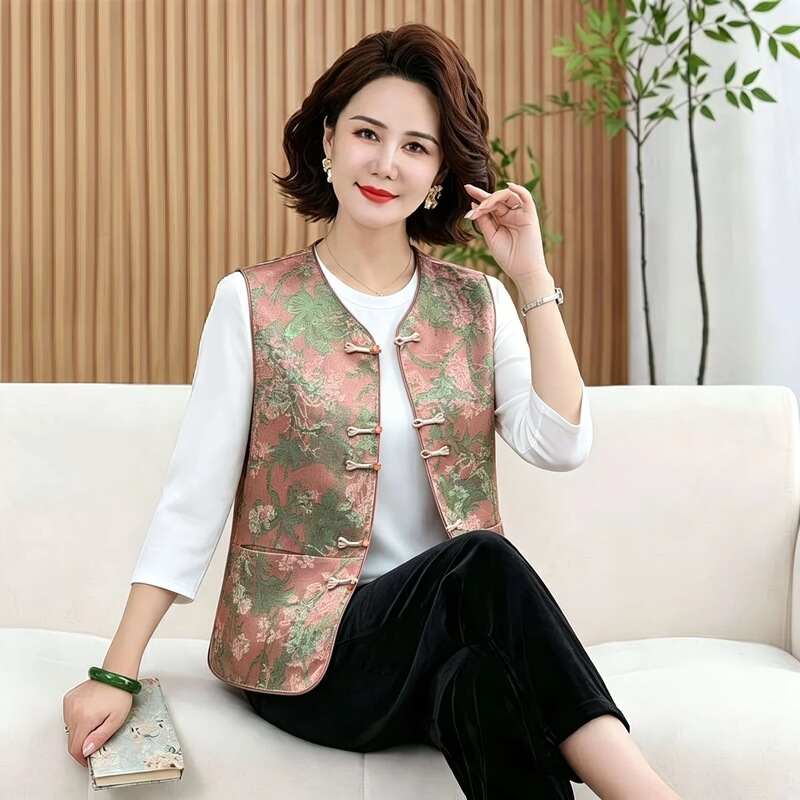 Mom's New Chinese-Style [Double-Pocket] Vest, Spring and Autumn Vintage Jacquard Fabric, Buttoned, Loose-Fitting, Plus-Size Outerwear