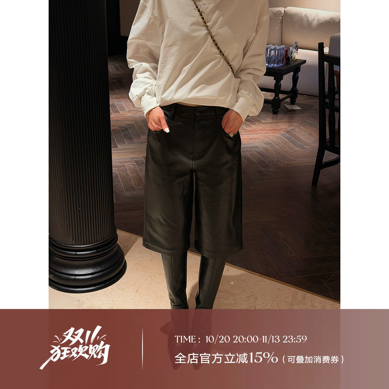 Liu Xiongxiong Mcmax【Matching Master】High-Waisted Slimming Faux Leather Five-Point Pants, Loose Straight-Leg Mid-Length Pants