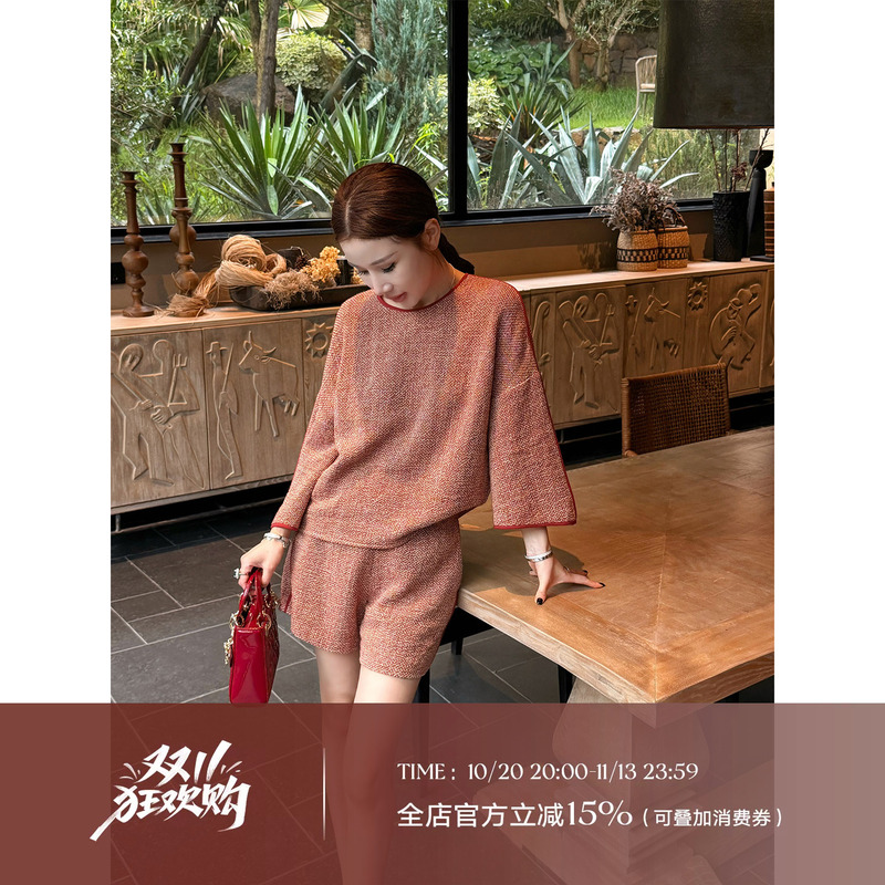 Liu Xiongxiong Mcmax【Deer Bean Paste】Old Money Relaxed Linen Flared Sleeve Top and Shorts Fashion Set for Women
