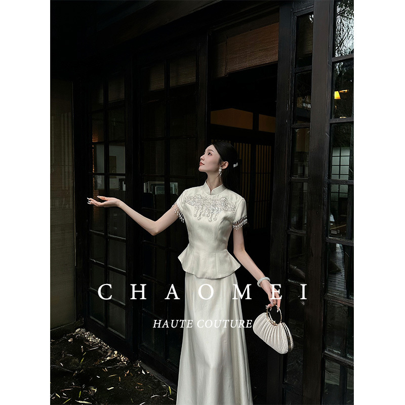 Mopassant【Xi Li】New Chinese-Style Wedding Beige Tassel Embroidered Waist-Cinching Top + Skirt Set