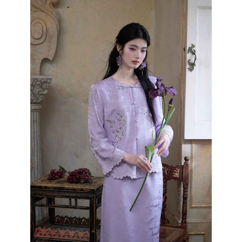 Mid-Year Clearance【Purple Eaves Moon】New Chinese-Style National Style Spring and Summer Long-Sleeved Embroidered Violet Shirt and Skirt Set Mid-Year Clearance【Purple Eaves Moon】New Chinese-Style National Style Spring and Summer Long-Sleeved Embroidered Violet Shirt and Skirt Set