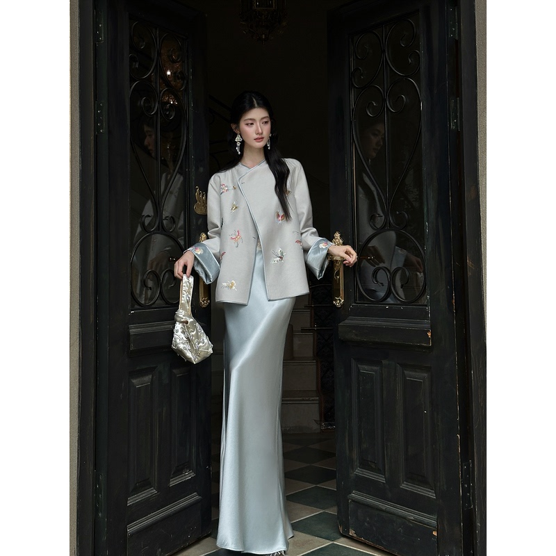 Mid-Year Clearance【Lan Die 3.0】New Chinese-Style Double-Sided Acetate Embroidered Jacket + Skirt Set