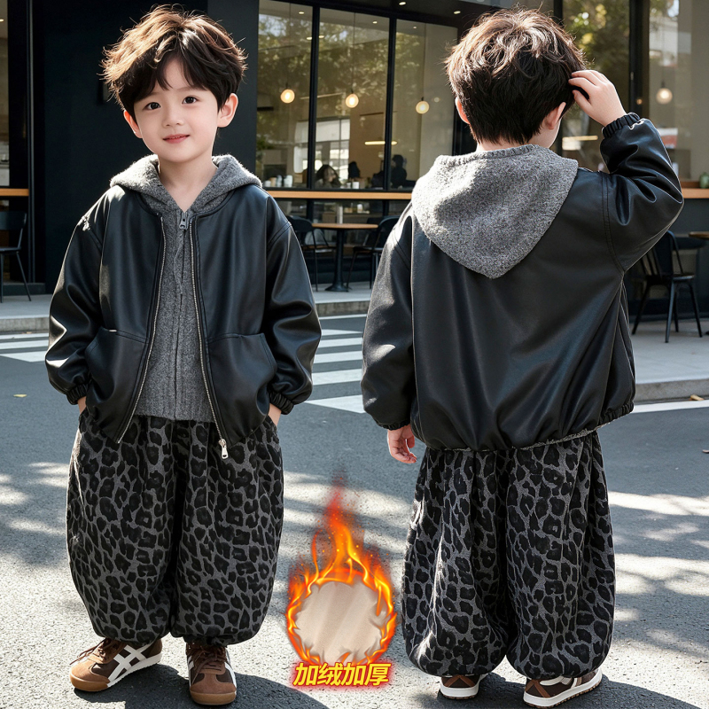 Children's Fleece-Lined Leather Jacket Three-Piece Set for Boys and Girls, Dragon and Phoenix Twin Sibling Outfits, Fleece-Lined and Thickened Leather Jacket Set Children's Fleece-Lined Leather Jacket Three-Piece Set for Boys and Girls, Dragon and Phoenix Twin Sibling Outfits, Fleece-Lined and Thickened Leather Jacket Set