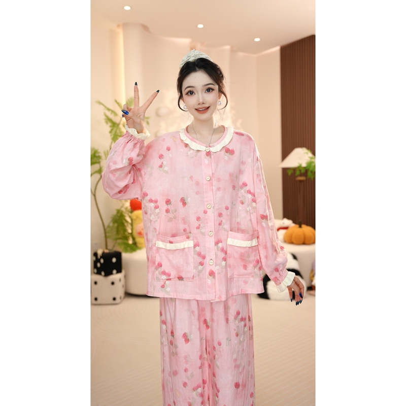 [Sweet Pink Berry] Autumn New Pure Cotton Fashionable Light Luxury New Long-Sleeved Long Pants Loungewear Pajamas Women's Set