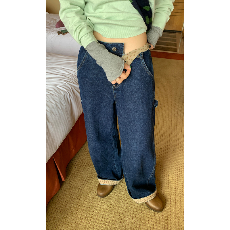 Xxdeli Fragrant Pear Niche Versatile Cuffed Floral Patchwork Washed Loose Slimming Straight-Leg Denim Pants Xxdeli Fragrant Pear Niche Versatile Cuffed Floral Patchwork Washed Loose Slimming Straight-Leg Denim Pants