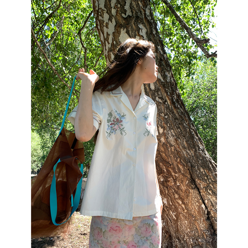 Xxdeli Fragrant Pear Vintage Floral Lapel Color-Blocked Embroidered Casual Loose Short-Sleeve Slimming Shirt Top