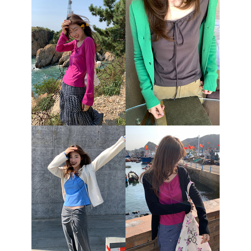 Xxdeli Fragrant Pear Design Square Neck Drawstring Multi-Color Long-Sleeve Slim Fit T-Shirt Top Xxdeli Fragrant Pear Design Square Neck Drawstring Multi-Color Long-Sleeve Slim Fit T-Shirt Top