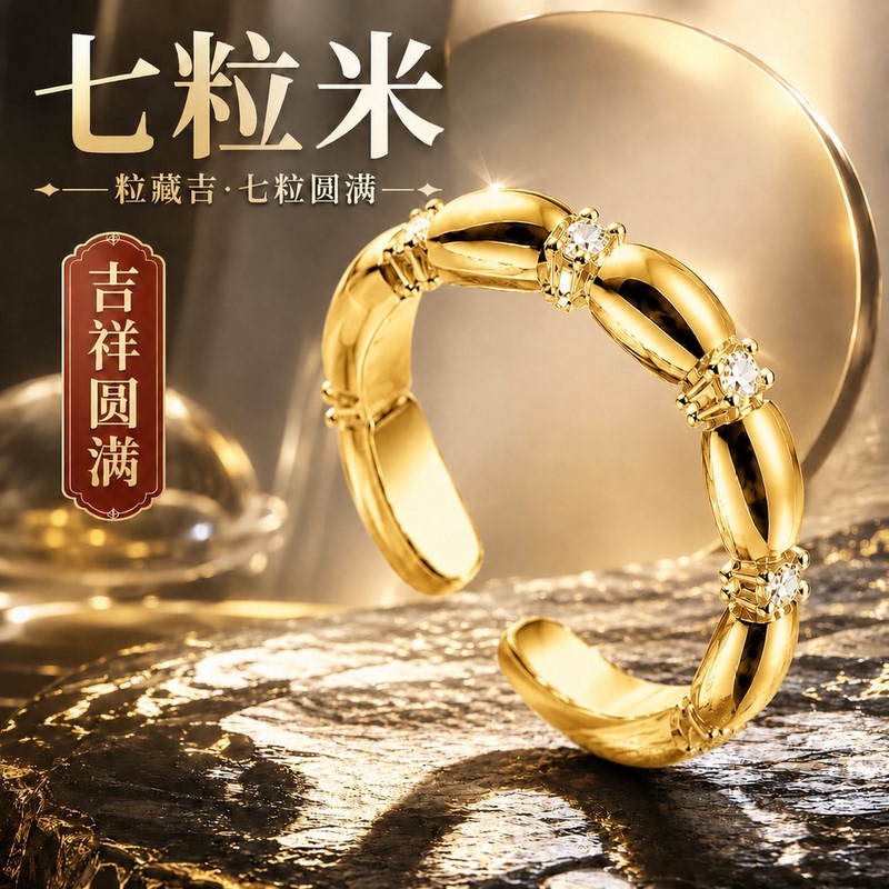 【Authentic】Seven Rice Beads Ring in Gold with Diamonds, Portable with Adjustable Clasp, Handmade Light Luxury Jewelry Gift 【Authentic】Seven Rice Beads Ring in Gold with Diamonds, Portable with Adjustable Clasp, Handmade Light Luxury Jewelry Gift