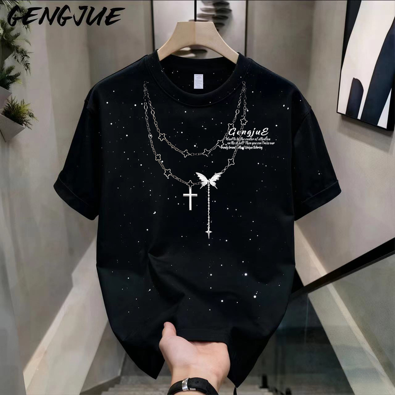 【Trendy Print】Sequin Starry Sky T-Shirt Heavyweight Pure Cotton Short Sleeve Unisex Student Loose Summer Top ins 【Trendy Print】Sequin Starry Sky T-Shirt Heavyweight Pure Cotton Short Sleeve Unisex Student Loose Summer Top ins