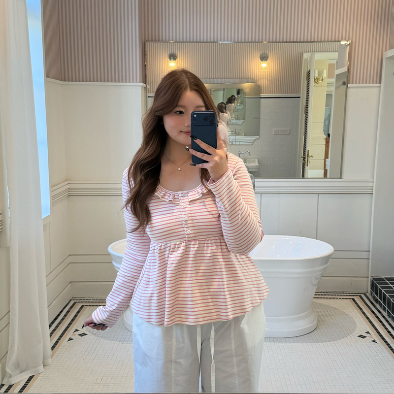 Yiiiiingy Striped Doll Ruffled Girly Style Pure Cotton Long Sleeve Knit Top T-Shirt for Women Plus Size with Skirt Hem