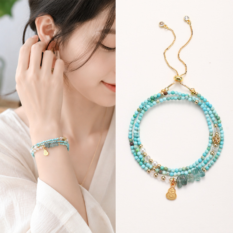 Hangzhou Lingyin Turquoise Beaded Multi-Circle Bracelet for Women, Fashionable and High-End, Adjustable Tail Chain, Turquoise Jewelry