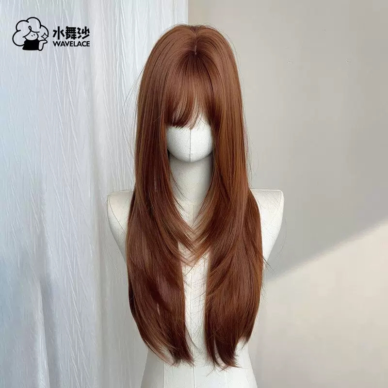 [Pumpkin Beibei] Wig for Women, High-End Orange-Brown Long Straight Lolita Wig with Bangs, Full Head Cover, Shuimusha (Water Dance Sand)