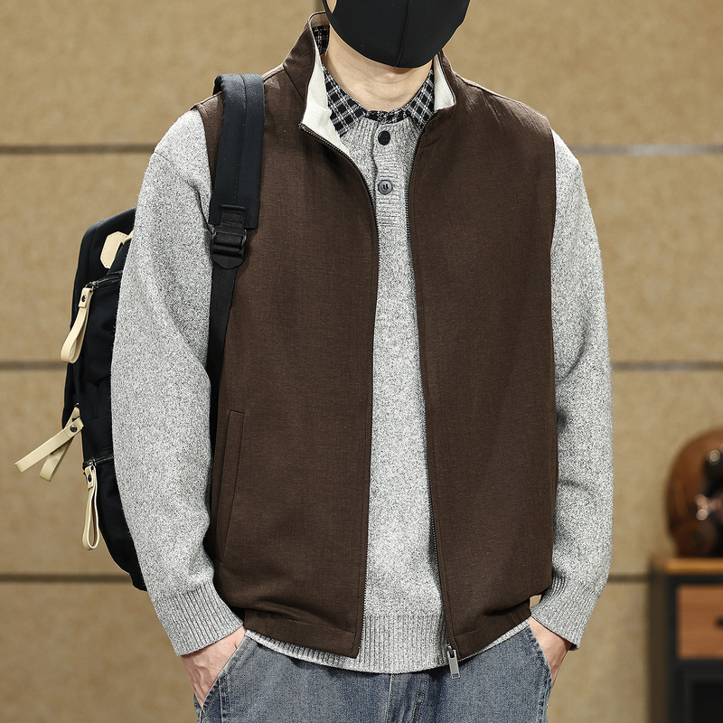 Old Money Style Solid Color Patchwork Stand Collar Vest for Men, Autumn Loose Outdoor Casual Sleeveless Vest Jacket for Men