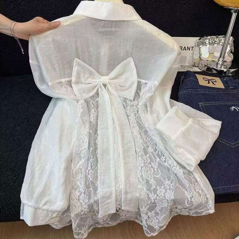 French-Style Back Bow Lace Hollow-Out Sun Protection Shirt for Women, Summer New Design Top Blouse Trendy French-Style Back Bow Lace Hollow-Out Sun Protection Shirt for Women, Summer New Design Top Blouse Trendy