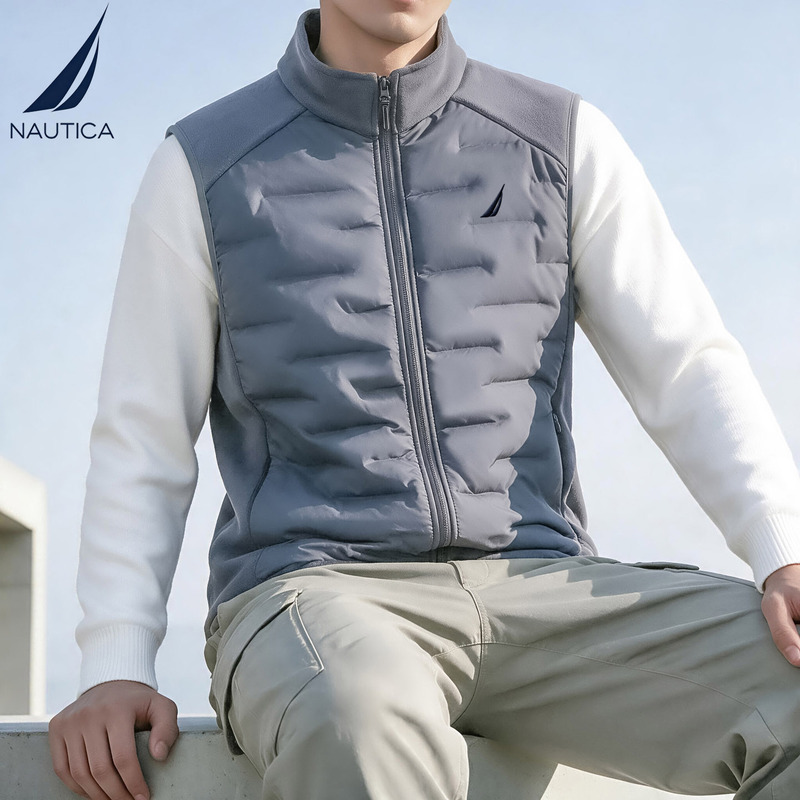 Nautica/Nautica Men's Autumn and Winter Thickeneded Warm Wool-Filled Vest Simple Fleece Collar Jacket