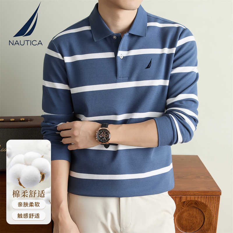 Nautica/Notica Men's Autum Cotton Lapel Long-Sleeved T-Shirt Stripesd Contrasting Color Business Casual Polo Shirt