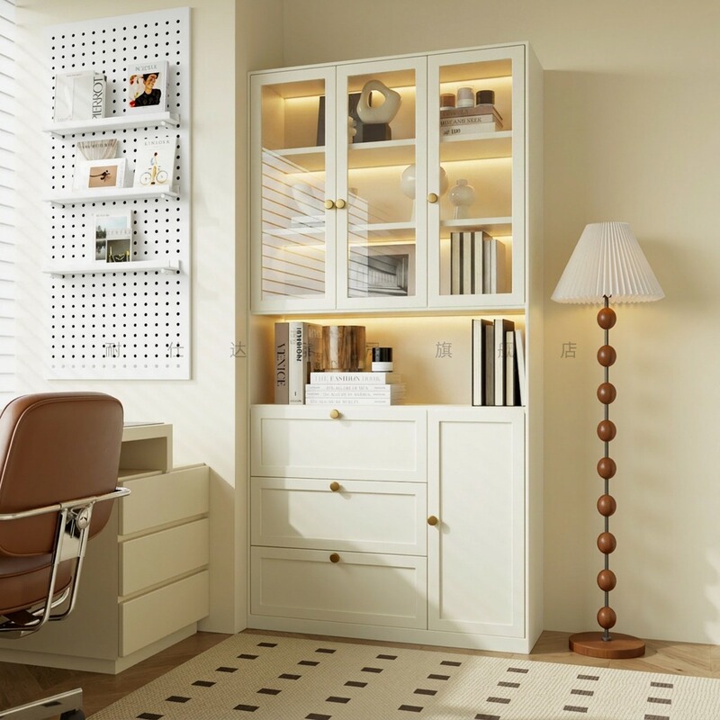 Home Bookcase with Glass Doors, French-Style Floor-Standing Steel Bookshelf, Living Room Full-Wall Cabinet, Dust-Proof Storage Cabinet, Display Cabinet Home Bookcase with Glass Doors, French-Style Floor-Standing Steel Bookshelf, Living Room Full-Wall Cabinet, Dust-Proof Storage Cabinet, Display Cabinet