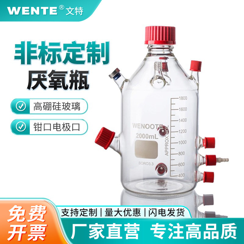 高硼硅玻璃非标定制实验仪器2000ml多口厌氧瓶 污泥反应器细胞培养装置沼气实验室装置厌石油采样瓶MFC电池盒