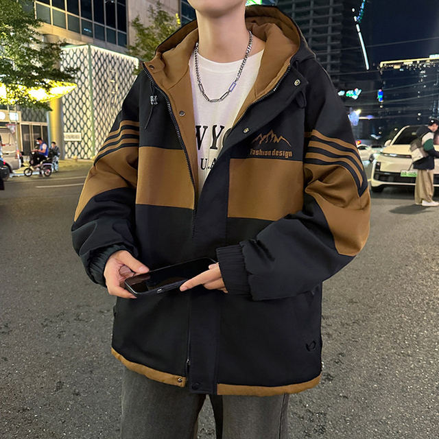 Woodpecker Workwear Jacket for Men, Autumn and Winter Style, Trendy Color-Blocking Hooded Jacket, Student Fleece-Lined Thickened Warm Coat