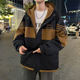 Woodpecker Workwear Jacket for Men, Autumn and Winter Style, Trendy Color-Blocking Hooded Jacket, Student Fleece-Lined Thickened Warm Coat