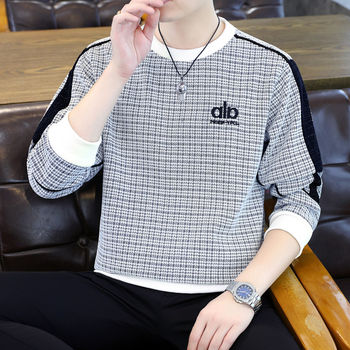 Woodpecker High-Quality Embroidered Crewneck Sweatshirt for Men, Trendy Casual Pullover Long-Sleeve Plaid Top