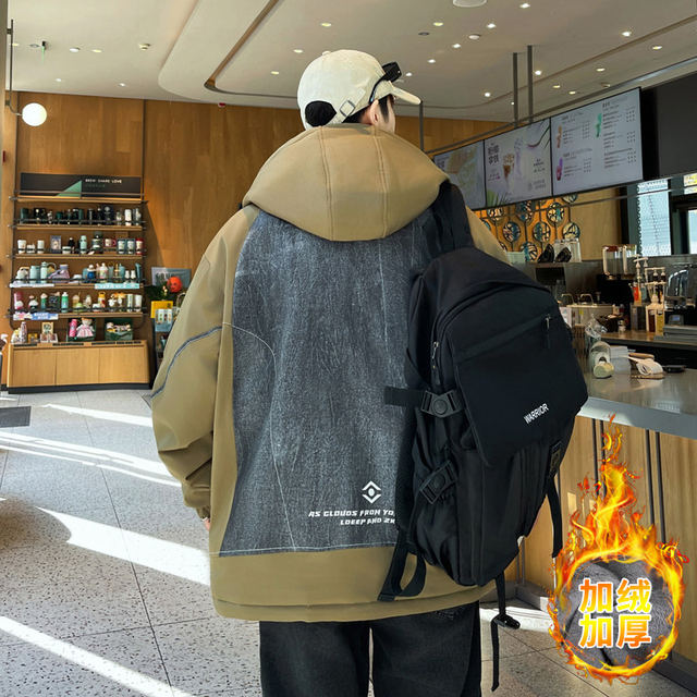 Woodpecker Brand Fleece-Lined Thickened Jacket, Autumn and Winter Design, Trendy Brand Patchwork Denim Jacket, Warm Clothing for Male Students