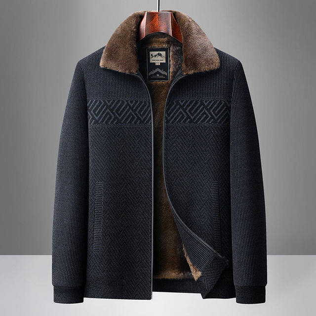 Woodpecker Middle-Aged Lapel Jacket for Autumn and Winter, 50-60 Years Old, Fleece-Lined and Thickened, Grandpa's Cotton Coat, Casual Outerwear for Dad