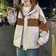 Woodpecker Workwear Jacket for Men, Autumn and Winter Style, Trendy Color-Blocking Hooded Jacket, Student Fleece-Lined Thickened Warm Coat