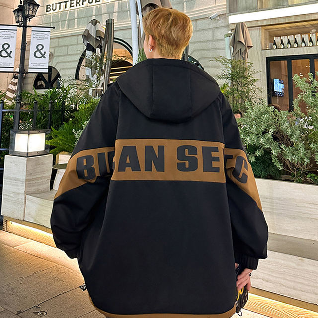 Woodpecker Workwear Jacket for Men, Autumn and Winter Style, Trendy Color-Blocking Hooded Jacket, Student Fleece-Lined Thickened Warm Coat