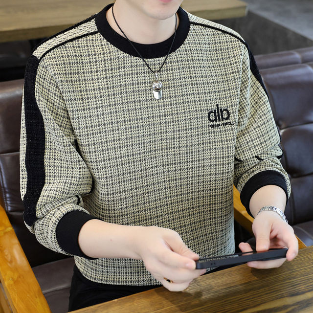 Woodpecker high quality embroidered round neck sweatshirt men's trendy casual pullover long-sleeved bottoming shirt plaid top clothes