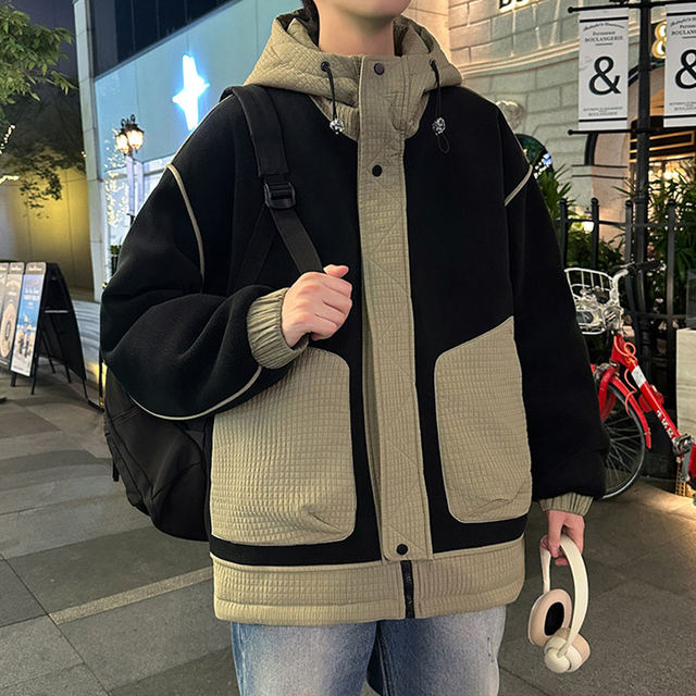 Woodpecker Contrast Color Splicing Cotton Clothes Men's Autumn and Winter Hooded Cotton Warm Jackets Men's American Retro Cotton Clothes